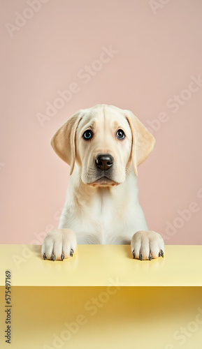 A lovable golden Labrador Retriever Panda gazes over a table with one paw stretched out on a large empty pastel-colored background, providing ample space for text. Generative AI