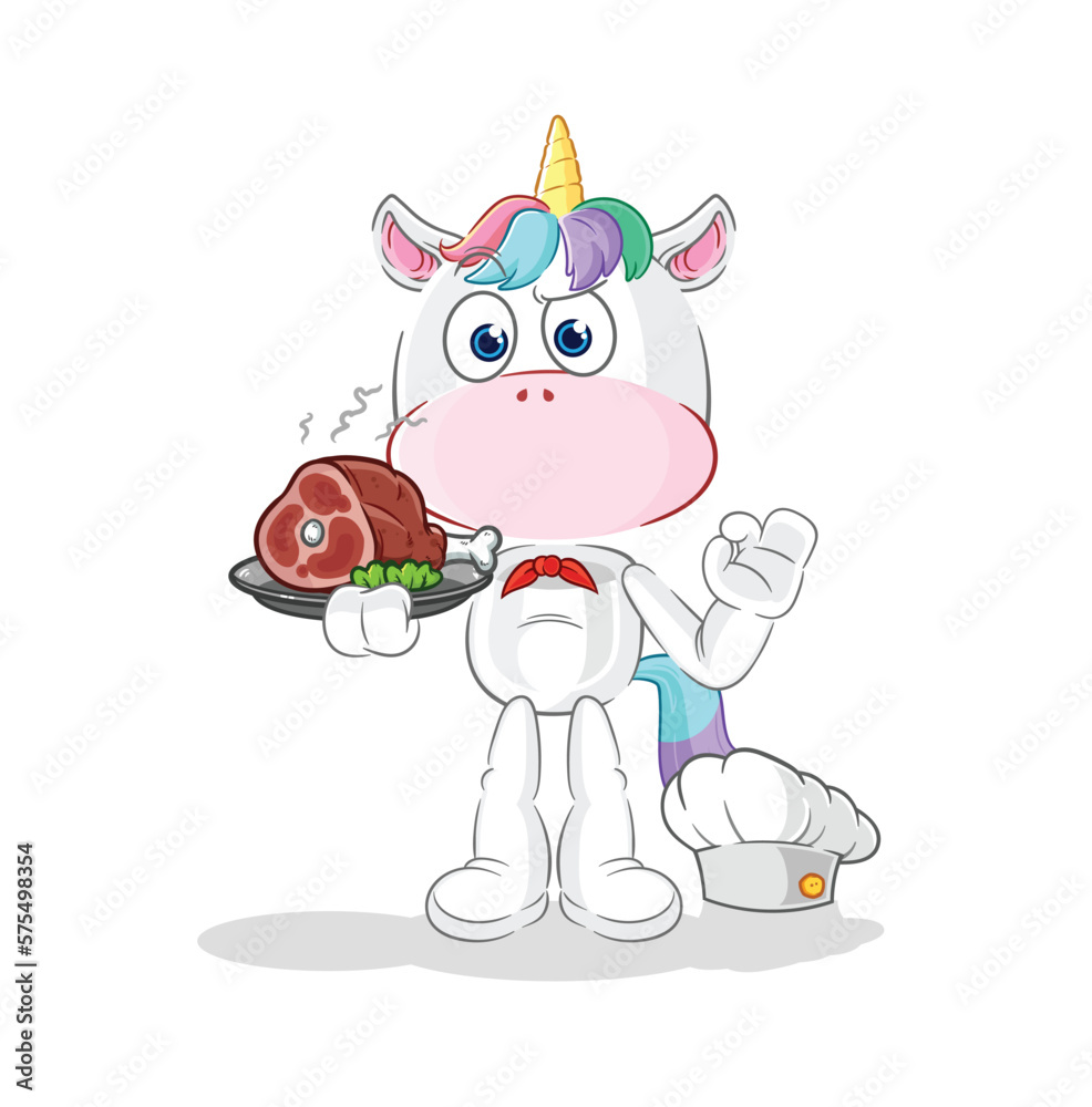Fototapeta premium unicorn chef with meat mascot. cartoon vector