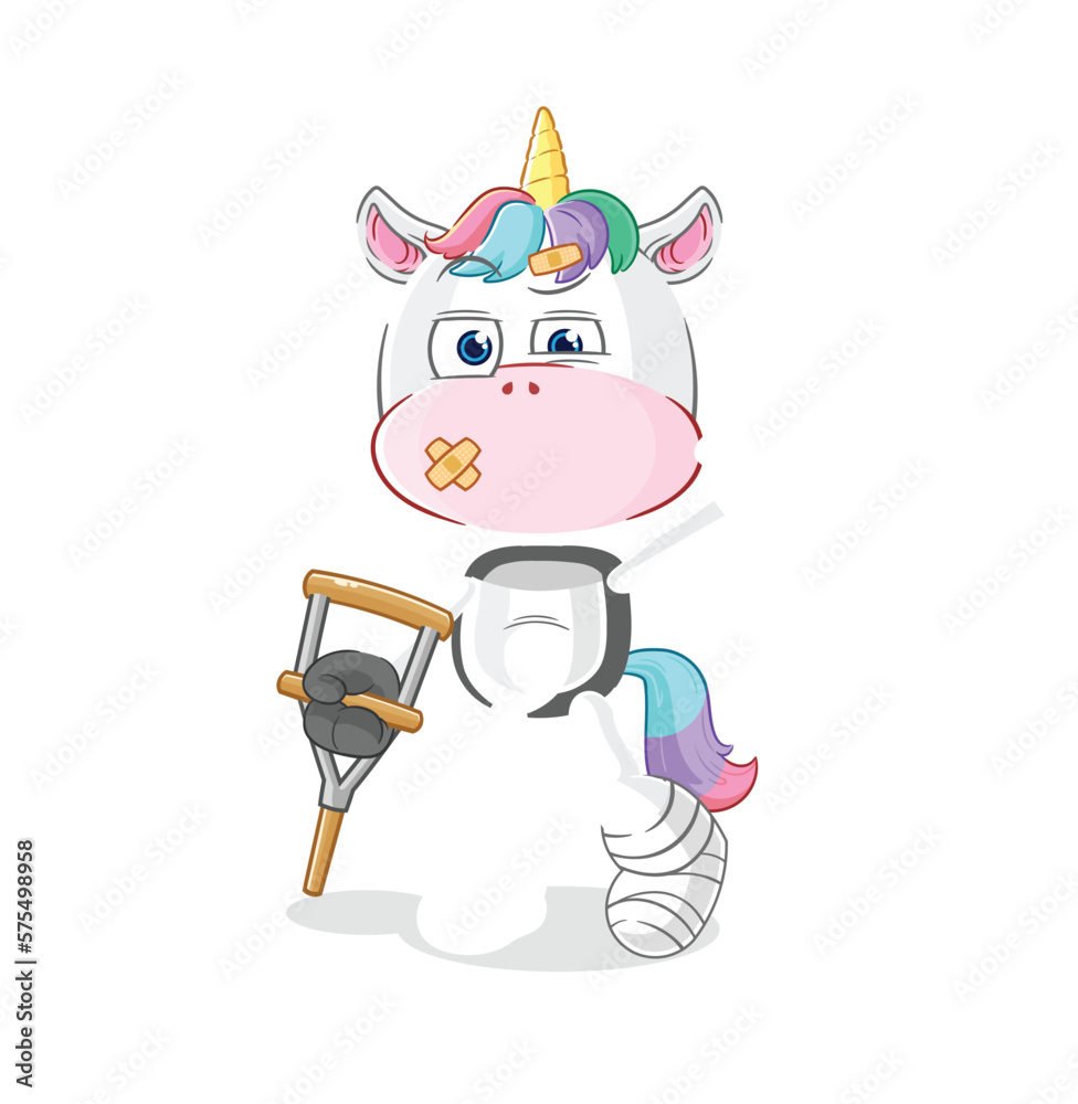 Fototapeta premium unicorn sick with limping stick. cartoon mascot vector