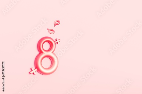 International women's day, number 8 on pink background with feminine sign symbol with copy space, 3d render