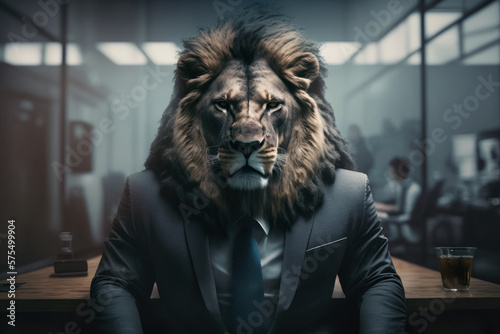Business man suit with lion head sit at office abstract background. Generative ai © tonktiti