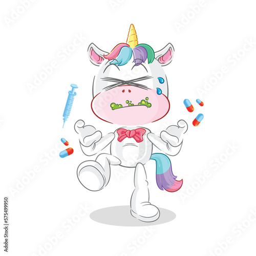 unicorn drug overdose. cartoon illustration