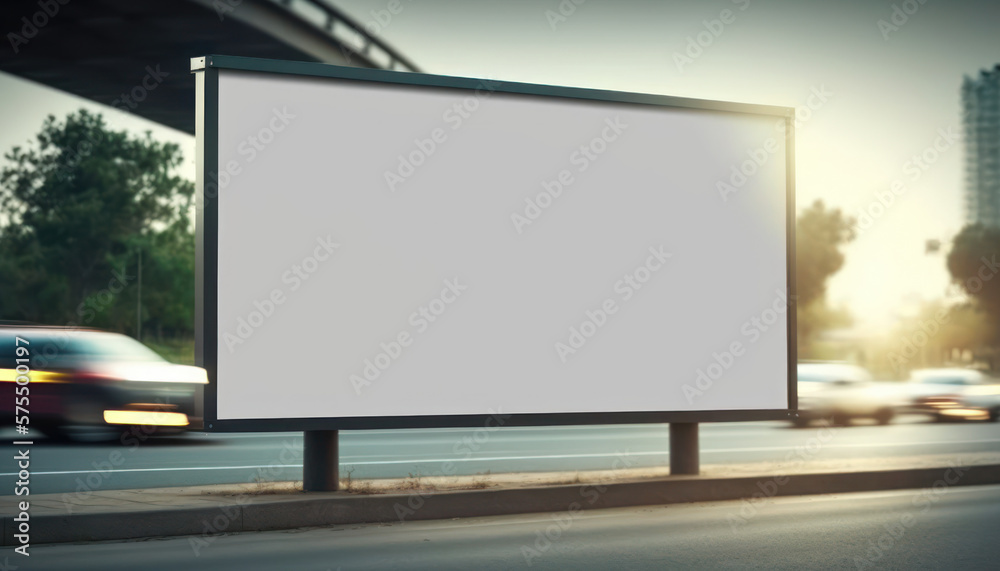 Copy space of white billboard with traffic bokeh light road abstract background. Generative ai Copy space of white billboard with traffic bokeh light road abstract background. Generative ai