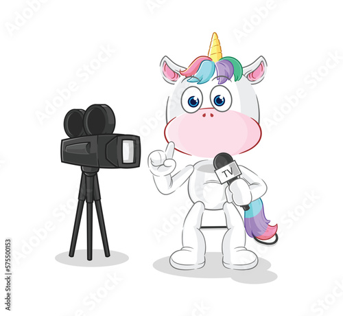 unicorn tv reporter cartoon. cartoon mascot vector