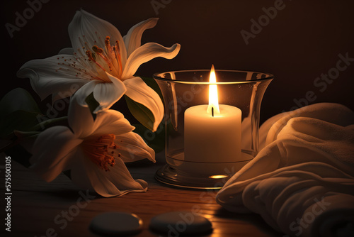 Candle light and flower in spa room abstract background. Relaxation concept. Generative ai