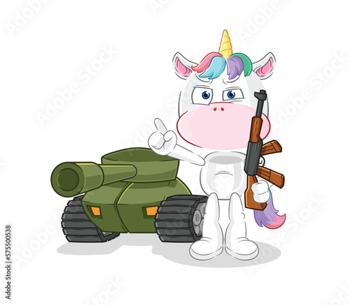 unicorn soldier with tank character. cartoon mascot vector