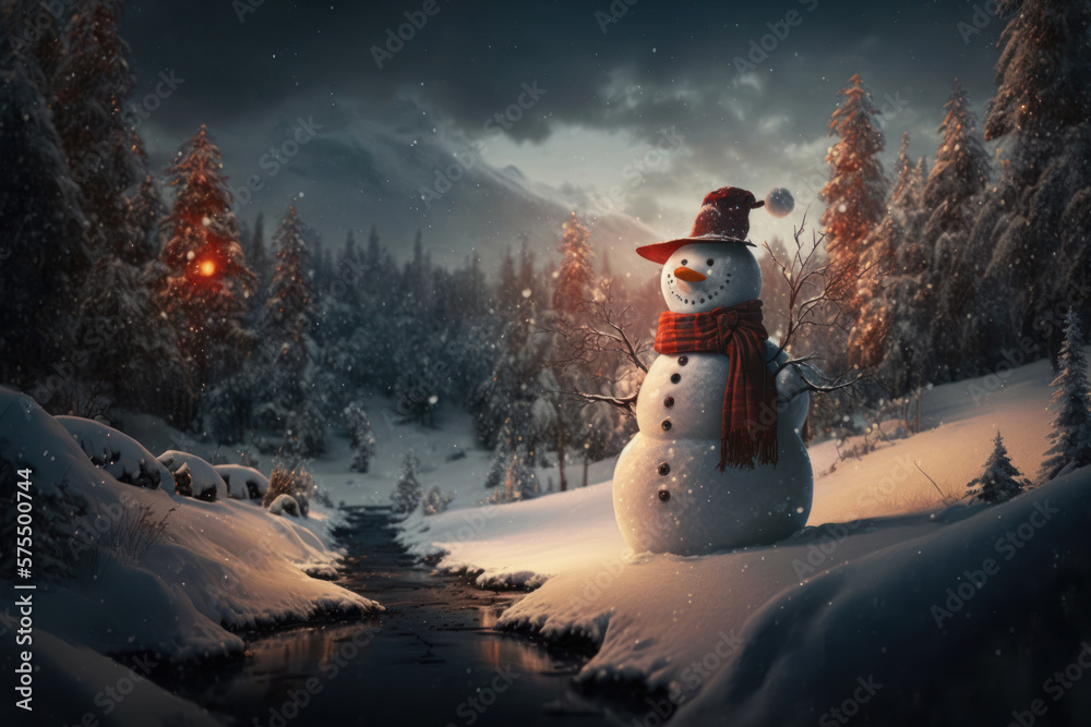 Fototapeta premium Snowman forest and mountain abstract background. Christmas concept. Generative ai