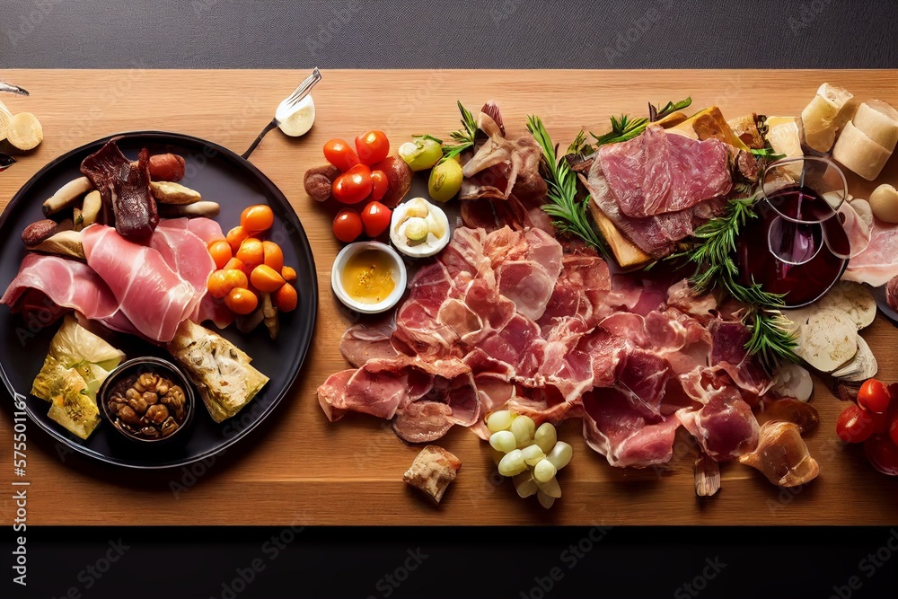Antipasto catering platter with bacon, jamon, sausage and wine