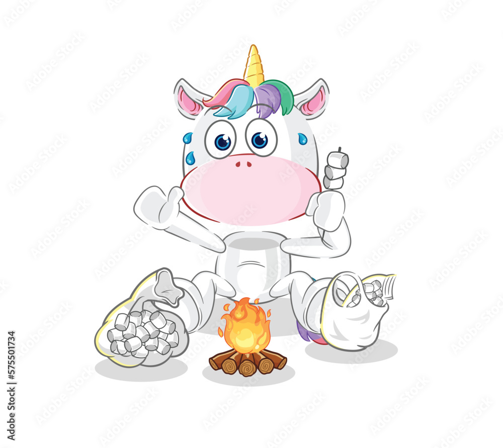 unicorn roasting marshmallows. cartoon mascot vector