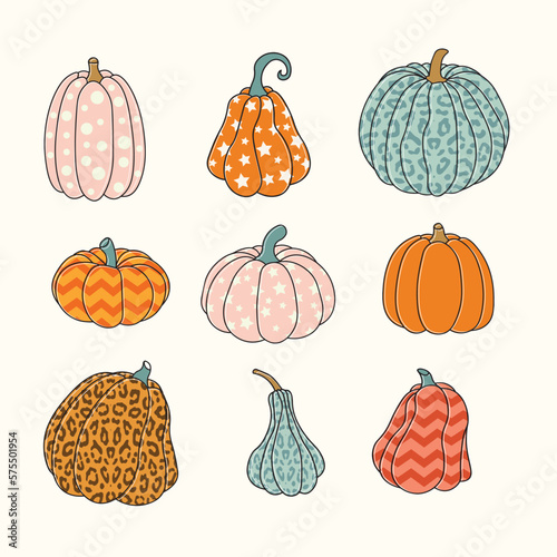 Set of pumpkins and cute pattern