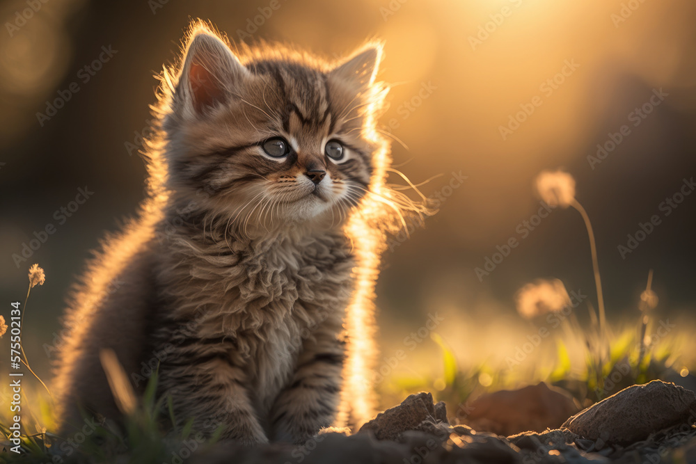 Baby cute cat at park and sunset time abstract background. Generative ai