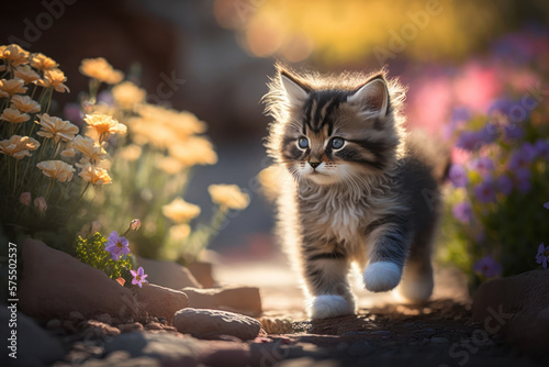 Baby cute cat walking in flower garden and sunset time abstract background. Generative ai