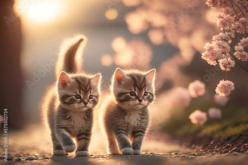 Couple baby cute cats walk at cherry blossom garden abstract background. Animal and nature concept. Generative ai © tonktiti