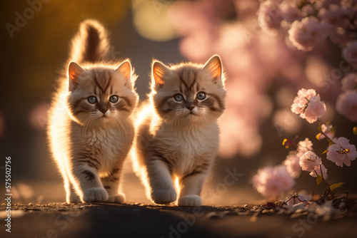 Couple baby cute cats walk at cherry blossom garden abstract background. Animal and nature concept. Generative ai © tonktiti