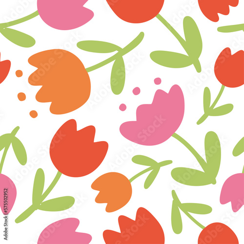 Tulip flower seamless pattern, Vector hand drawn doodle illustration.