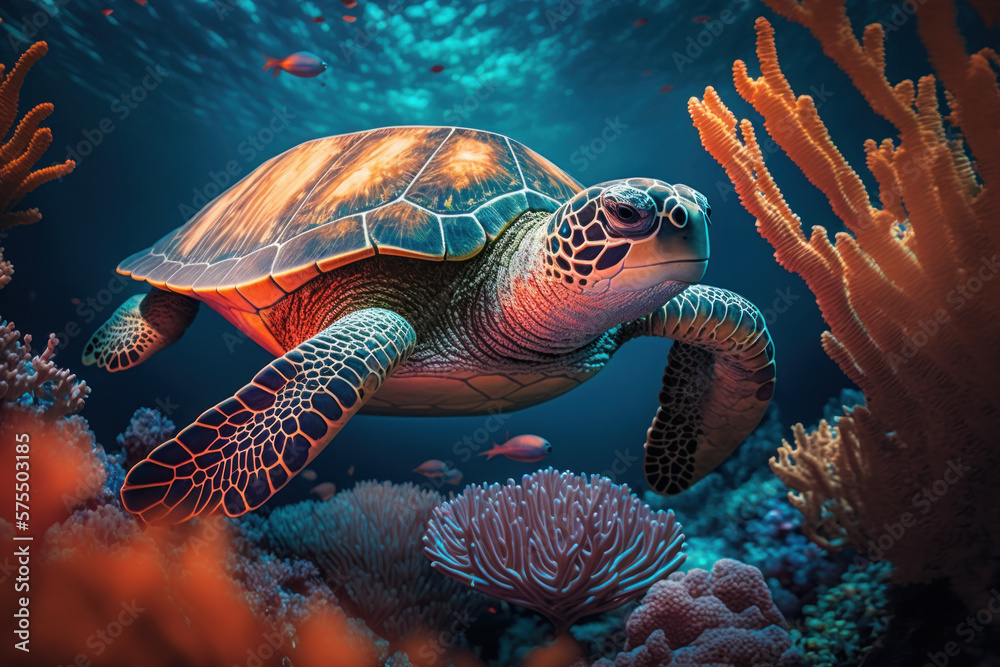Fototapeta premium Sea turtle swim under ocean with colorful coral abstract background. animal and nature environment concept. Generative ai