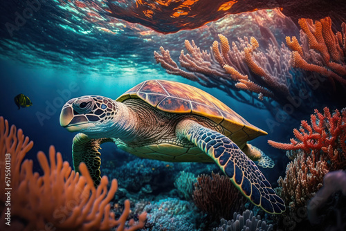 Sea turtle swim under ocean with colorful coral abstract background. animal and nature environment concept. Generative ai