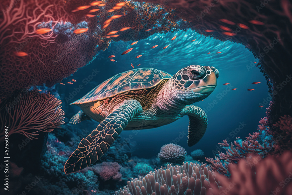 Fototapeta premium Sea turtle swim under ocean with colorful coral abstract background. animal and nature environment concept. Generative ai