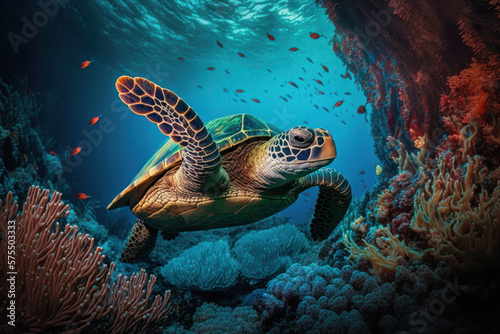 Sea turtle swim under ocean with colorful coral abstract background. animal and nature environment concept. Generative ai © tonktiti