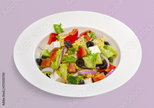 isolated tasty greek salad with tomato and cucumber and mix vegetables for menu design