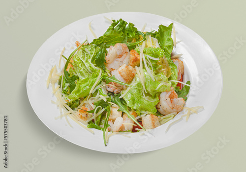 isolated tasty salad with shrimp and mix vegetables , cheese for menu design