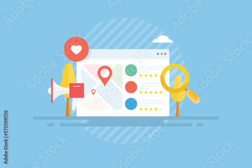 Business address listing on search engine map, Local SEO management and marketing concept, flat design vector illustration banner.