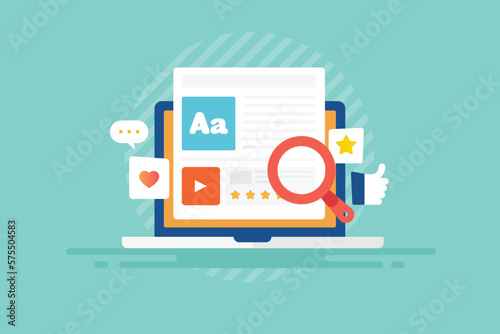 Blogging and SEO content optimization for online brand promotion, website marketing management concept on laptop screen vector illustration.