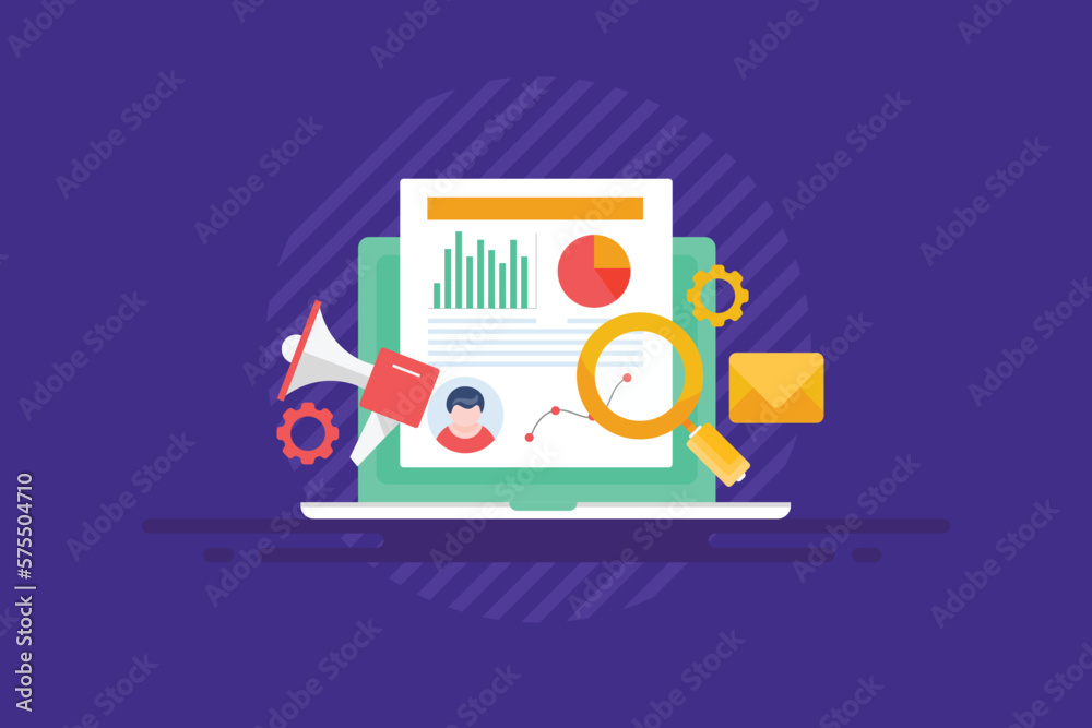 Fototapeta premium Marketing and business analytics data on dashboard, user insights on laptop screen, seo software displaying web analysis report, web banner design.