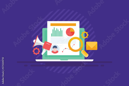 Marketing and business analytics data on dashboard  user insights on laptop screen  seo software displaying web analysis report  web banner design.