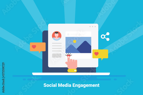 Person hand giving a like on social media post, engaging online audience with content marketing. Flat design web banner.