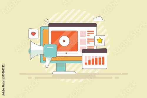 Using video content as a marketing strategy digital media reaching and engaging online audience, brand promotion advertising campaign filled outline design.