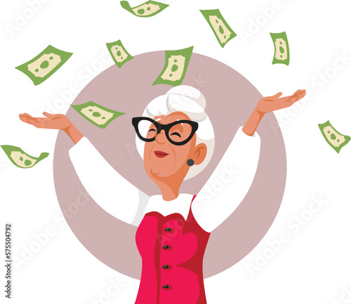 Granny Earning a Huge Prize Feeling Happy Vector Cartoon Illustration. Cheerful elderly woman earning a lot of money for retirement fund
