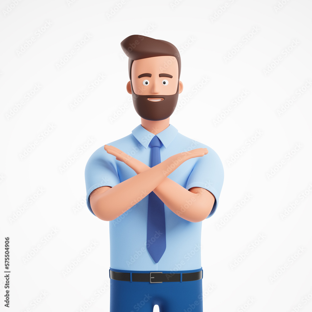 Cartoon character bearded businessman blue shirt with crossed arms shows prohibition sign isolated over white background.