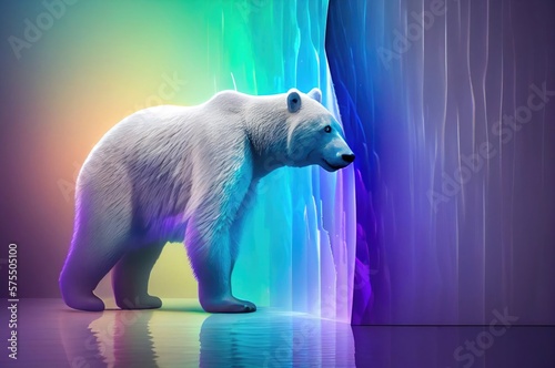 Polar Bear Shimmering Rainbow Background With Blank Canvas Looking Around Generative AI