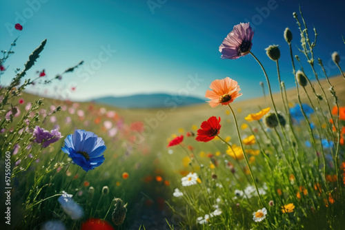 Colorful natural flowers on blue sky abstract background. Spring season and nature concept. Generative ai