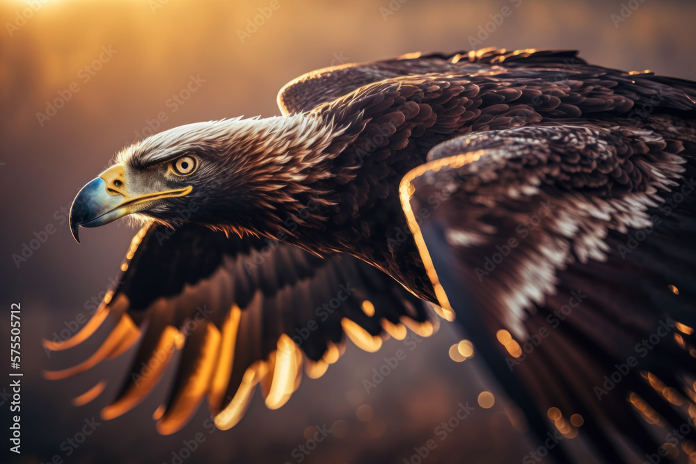 Fototapeta premium Eagle bird flying on sunset sky abstract background. Animal and freedom concept. Generative ai
