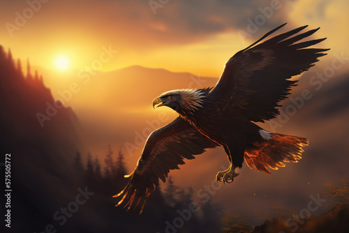 Eagle bird flying on sunset sky abstract background. Animal and freedom concept. Generative ai © tonktiti
