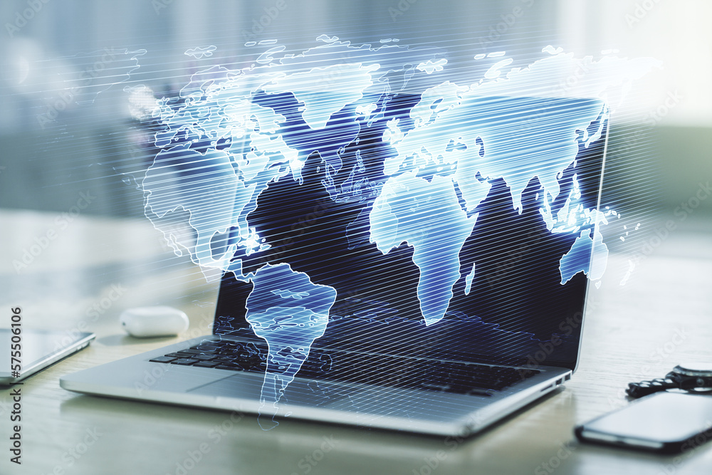 Double exposure of abstract digital world map on computer background, big data and blockchain concept Double exposure of abstract digital world map on computer background, big data and blockchain concept