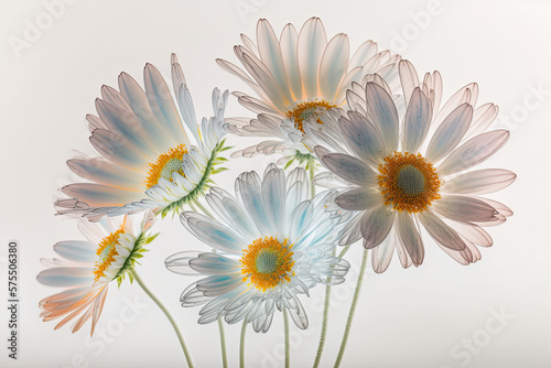 Bouquet of translucid daisies on white background, generative ai illustraton with very soft light pastel colors
