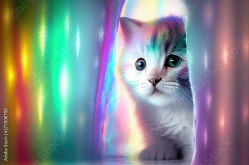 White Kitten Shimmering Rainbow Background With Blank Copy Space Looking Ahead Generative AI