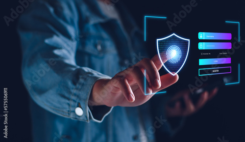 cyber security login. user privacy security and encryption, secure internet access Future technology and cybernetics, screen padlock, biotic login technology fingerprint scanning. privacy protection