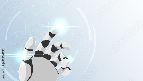 White robot mechanical hand presses the index finger on the button a virtual holographic interface HUD. Artificial Intelligence futuristic design concept.