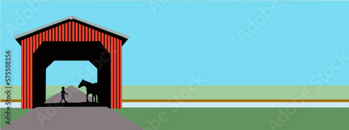 Here is an illustration of a bright red covered bridge in a rural setting. This is a vector.