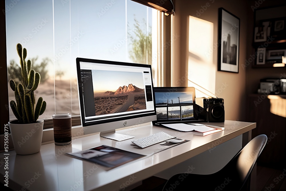 Modern personal office with desert themes bright sunlight photoshop on an apple computer clean and minimal furnishings computer desktop background Modern personal office with desert themes bright sunlight photoshop on an apple computer clean and minimal furnishings computer desktop background