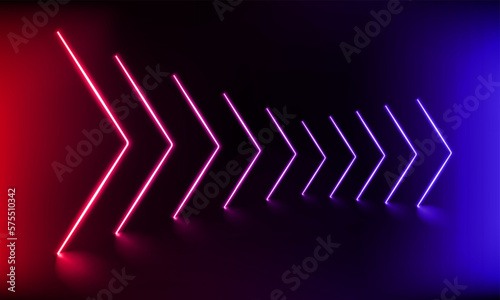 Podium, road, pedestal or platform with neon luminous arrows on blue and pink background. 3d render. Abstract panoramic neon ray backdrop. Neon magic arrow showing direction right. Vector illustration