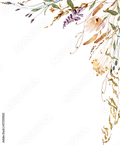 Watercolor beige wildflowers boho border, corner. Dried herbs, grass floral bouquet, elegant arrangement. Botanical boho elements isolated on white. Wedding invitation, greeting, card, printing design