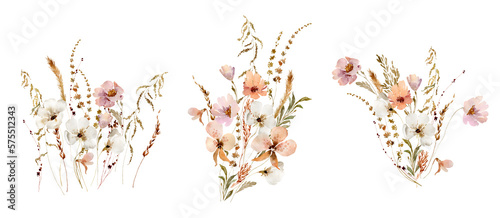 Wildflowers, herbs boho border painted in watercolor. Dried pampas grass floral bouquet, frame. Botanical boho elements isolated on white. Wedding invitation, greeting, card, print, scrapbooking