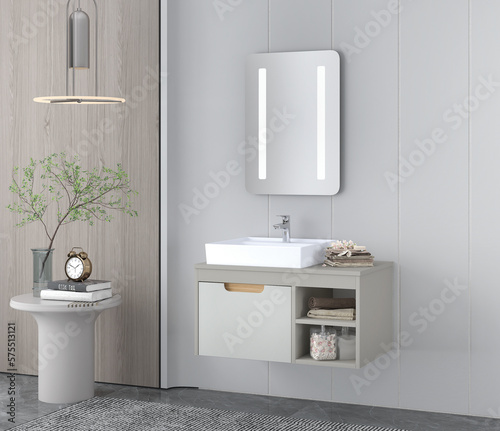 Huge Modern Master Bethroom. Bathroom interior with wooden decor in eco style. 3D Render