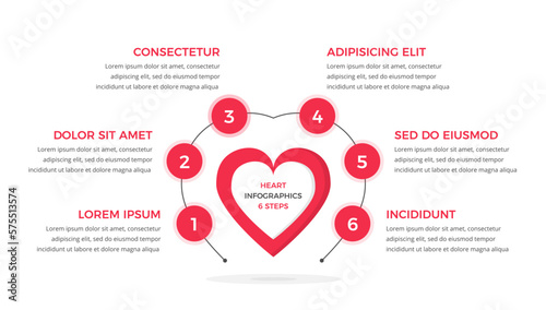 Infographic template with heart with six elements for numbers and text