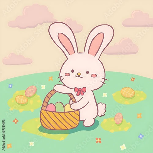 Easter bunny with a basket in a field